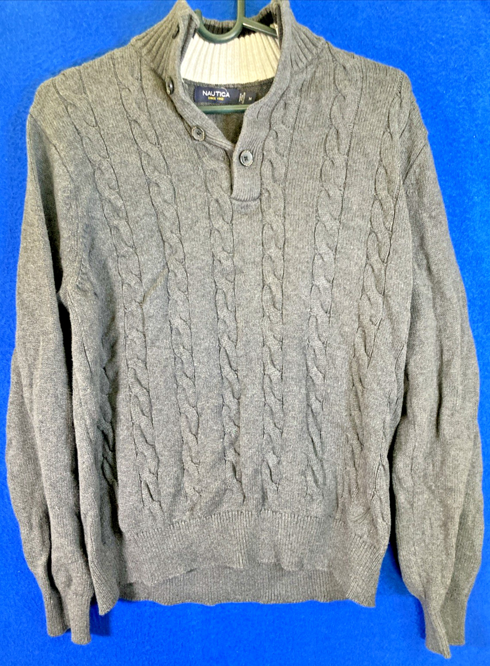 Nautica Men's Gray Cable Knit Mock Neck Button Pullover Sweater Medium